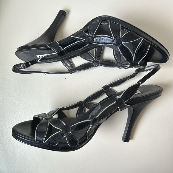 Black Leather Floral Cutout Open Toe Slingback Shoed - Picture 3 of 9